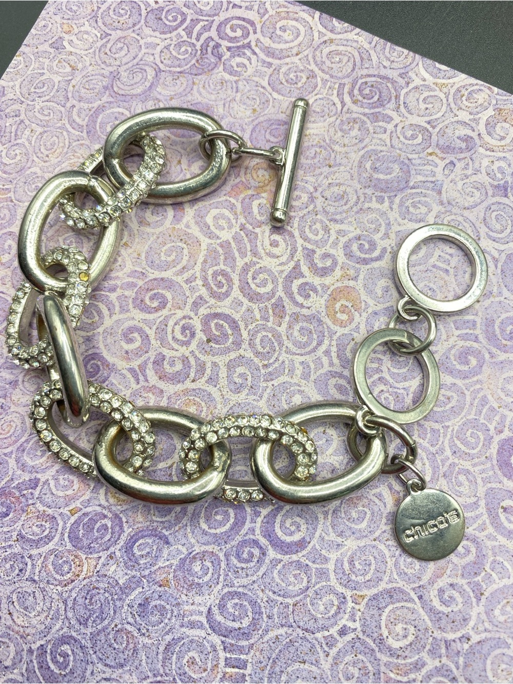 CHICO’S Chunky Silver Tone Bracelet RhinestoneToggle Clasp - Picture 5 of 6
